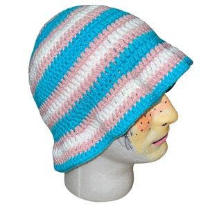 Crochet Bucket Hat Adult Striped Cotton handmade pink blue white trans